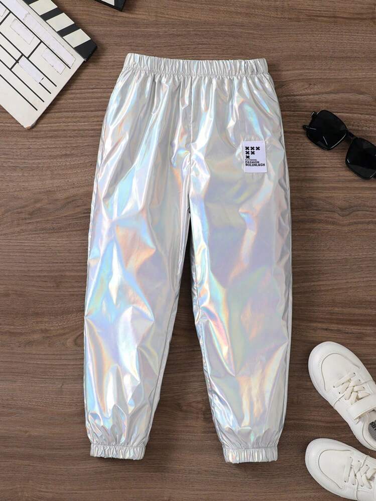 SHEIN Pantalon de jogging pour garçon décontracté en tissu réfléchissant métallique avec patchwork d'alphabet et poignets, convient pour les spectacles et les fêtes en été - Argent - Voir 1