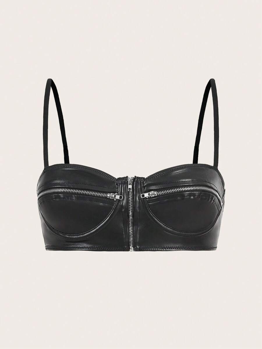 SHEIN ICON Going Out Tops Faux Leather Black Crop Top With Multiple Zippers - Black - View 1