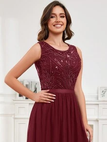 Round Neck Beaded Party  Dress Cocktail Dress - Burgundy - View 7