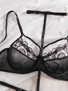 SHEIN Ladies' Lace Contrast Mesh Sexy Lingerie Set - Black - View 3