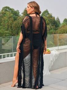 SHEIN Swim Curve Kích thước lớn 1pc Chi tiết tua rua màu trơn Kimono cũ Lễ hội âm nhạc mùa hè - màu đen - Xem 2