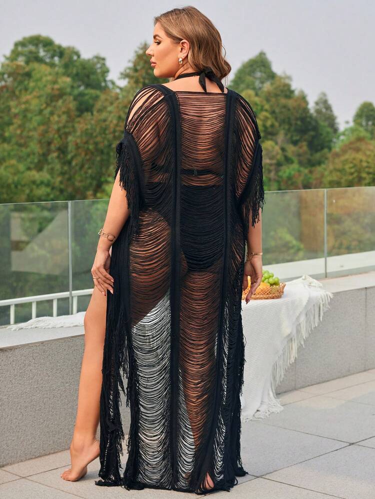 Plus Size 1pc Solid Color Fringe Detail Distressed Kimono Music Festival Summer