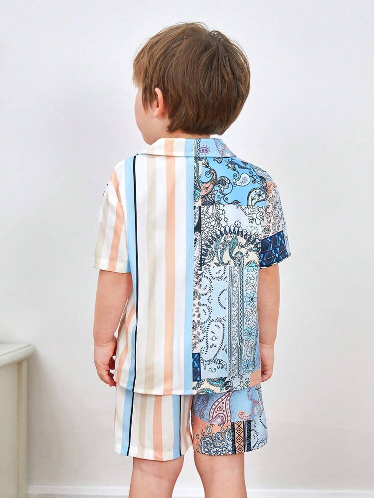 2pcs/Set Young Boys' Casual, Sports, Academy, Holiday, Cute Dopamine & Paisley & Striped Loose Drop-Shoulder Short Sleeve Shirt And Shorts Suitable For Daily Wear, Vacation, Spring And Summer Seasons