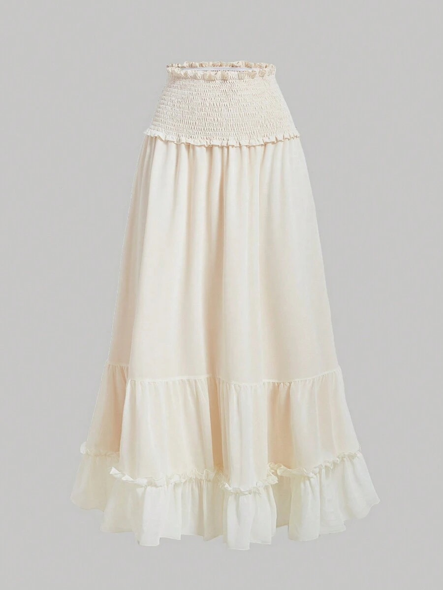 SHEIN MOD Shirred Panel With Ruffle Hem Vintage Skirt