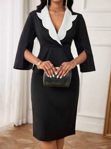 SHEIN Clasi Women's Contrast Collar Split Sleeve Coat And Skirt Set