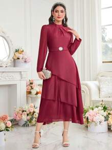 Modelyn Váy nữ màu đỏ tía cổ đứng tay bồng và cạp chun - Màu Đỏ Sâu - Xem 4