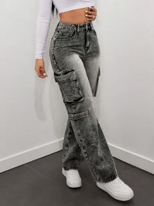 SHEIN ICON Ladies' Multi Pocket Straight Leg Jeans - Grey - View 2