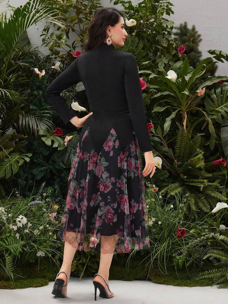 Ladies' Patchwork Floral Mesh Hem Long Sleeve Dress Fall Cloth For Women
