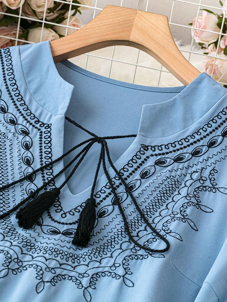 Plus Size Tassel Tie Neckline Embroidered Detail Short Sleeve Mini Dress