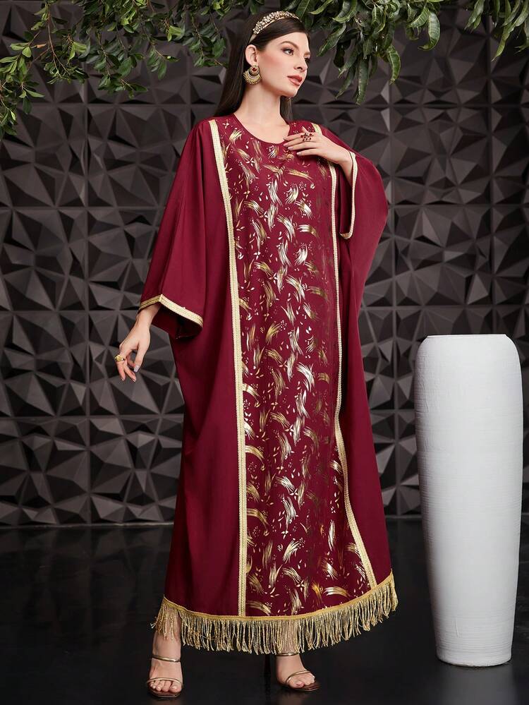 Turkish Style Gold Foil Printing Batwing Sleeve Kaftan