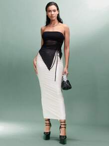 SHEIN BAE Elegant Off-White Coated Bodycon Slit Skirt For Women,Autumn Low Waist Solid Color Nude Midi Skirt,Perfect For Party,Night ,Music Festivals - Apricot - View 1