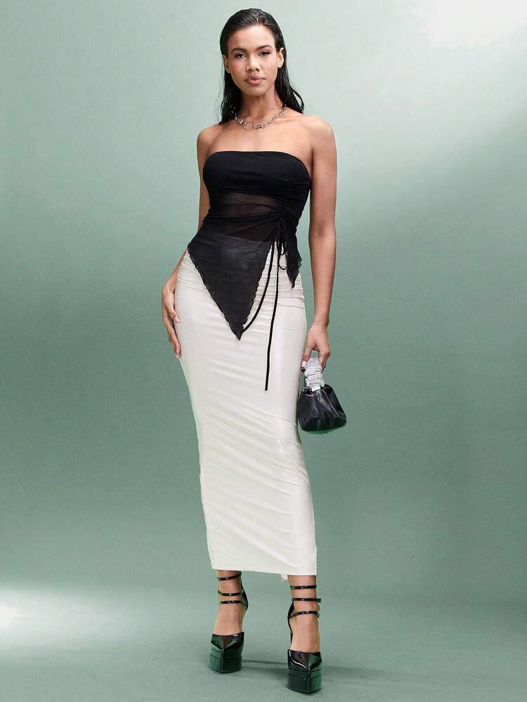 Solid Color Nude Low Waist Coated Slit Bodycon Skirt, Suitable For Daily Wear, Spring/Summer, Holiday Parties, Single Parties, Night Dating, Music Festivals, Concerts