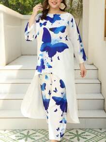 Plus Butterfly Print Asymmetrical Hem Top & Wide Leg Pants - White - View 1