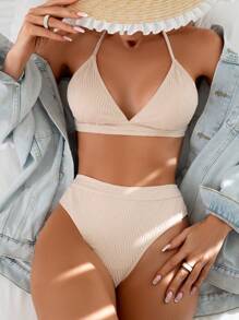 SHEIN Swim Conjunto De Bikini Con Top Halter Y Parte Inferior De Triángulo De Color Liso - Beis - Ver 1