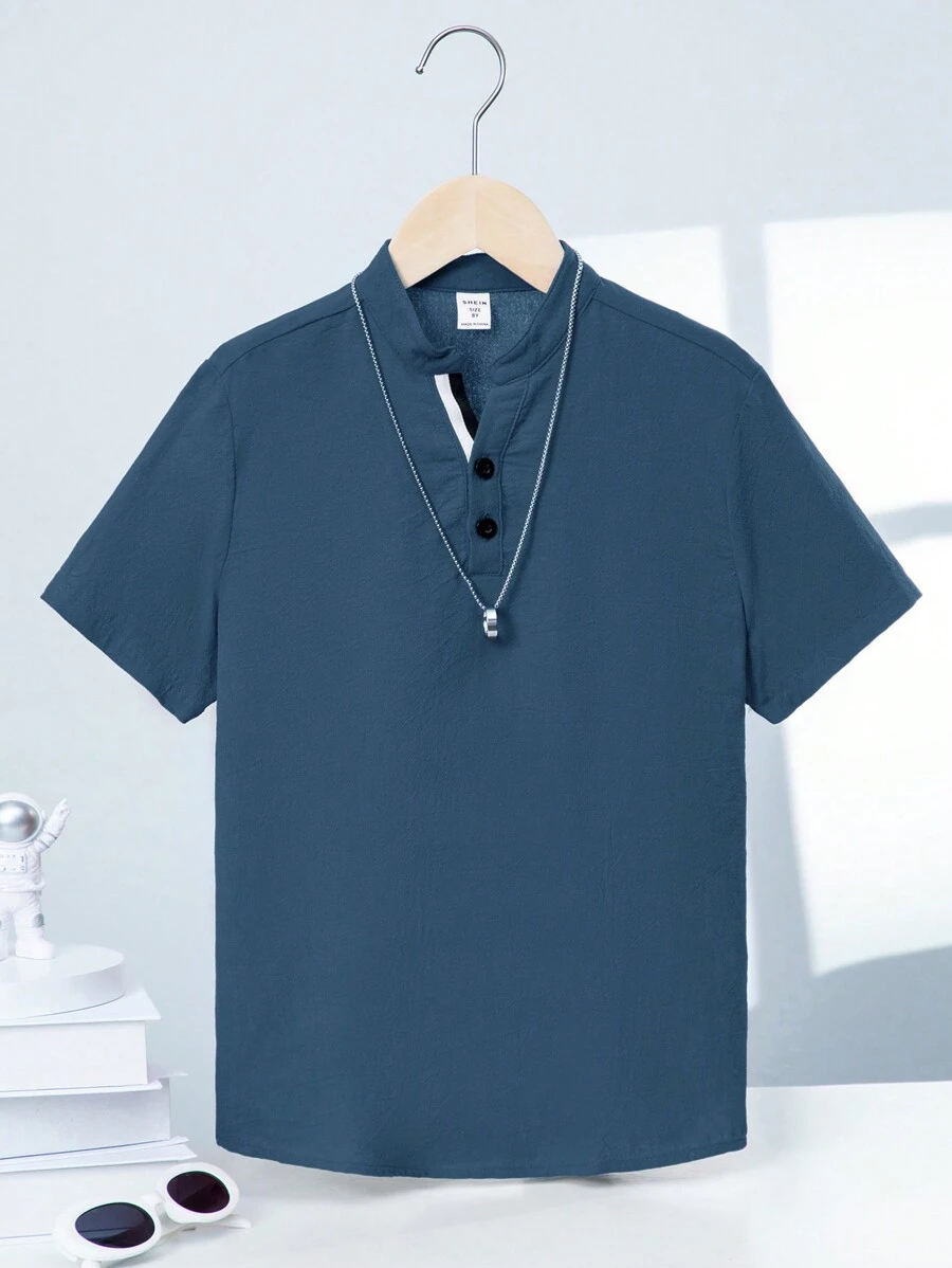 SHEIN Tween Boys' Loose Fit Athletic Solid Color Polo Shirt With Stand Collar, Short Sleeves - Dusty Blue - View 1