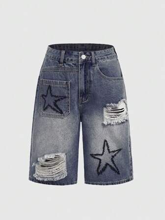 Grunge Punk Loose Fit Straight Mid-Waist Short Jeans For Women With Star Embroidery, Graffiti & Distressed Design, Multi-Pocket Styling, School