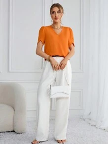 SHEIN Essnce Casual Work Attire Bright Coloured Puff Sleeve Blouse With V-Neck - Orange - View 5