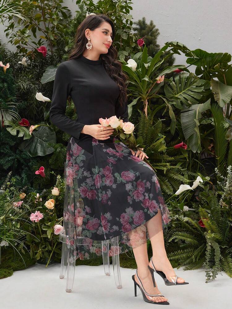 Ladies' Patchwork Floral Mesh Hem Long Sleeve Dress Fall Cloth For Women