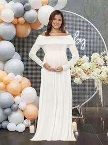 Vestido de maternidad para ducha de bebé de manga larga y hombros descubiertos para mujeres embarazadas - Blanco - Ver 4