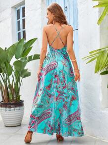 SHEIN VCAY Women's Vacation Tassel Print Spaghetti Strap Dress - Green - View 5