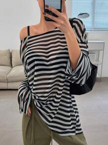 DAZY 女式不对称领条纹长袖上衣，返校服 - 黑與白 - 查看 1