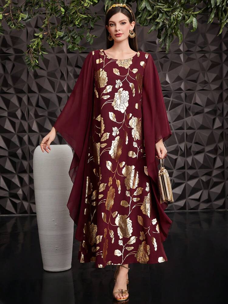 Burgundy Red Floral Print Patchwork Batwing Sleeve Dress With Gold Foil Detailing Kaftan Jalabiya Dress
