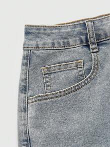 ROMWE Fairycore Quần short denim thêu hoa cho nữ, đi học - Màu xanh lam - Xem 2