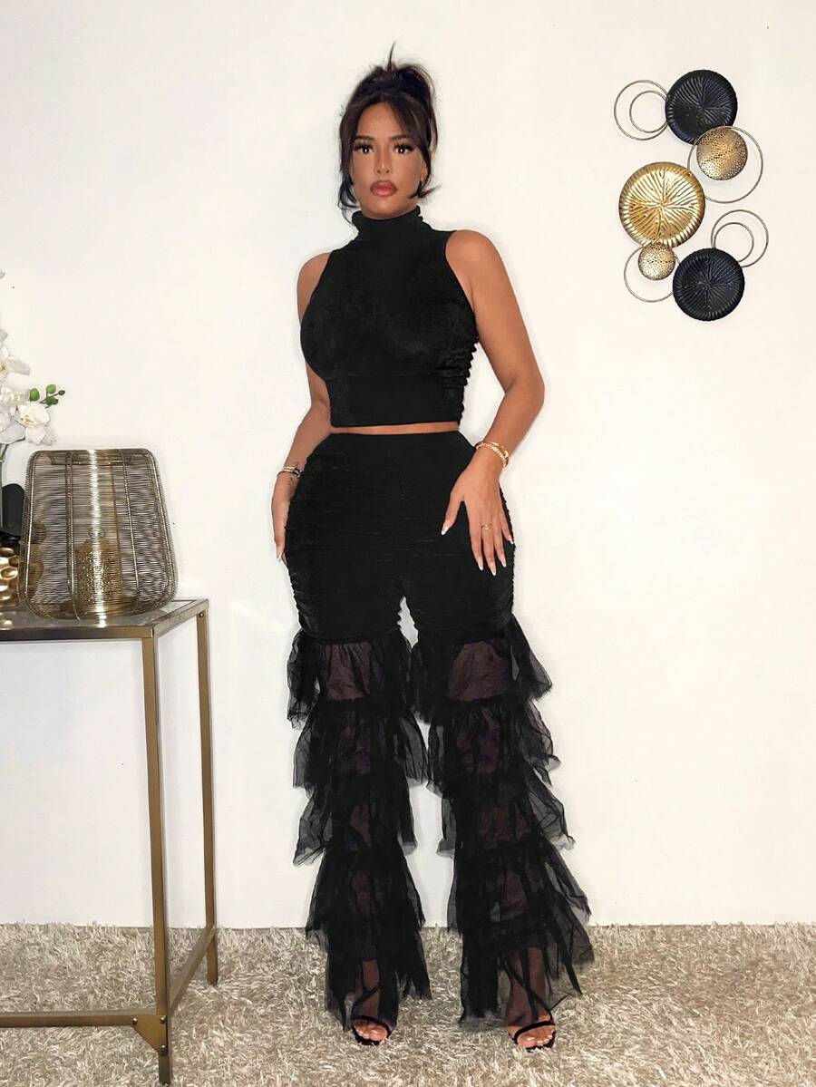 SHEIN SXY 女士高領背心頂部帶微反射面料和織網疊層拼接褲子2件組 - 黑色 - 查看 1