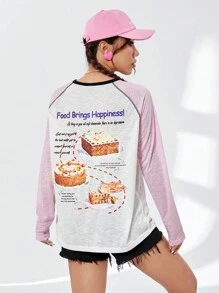 SHEIN Qutie 女款印花拼色插肩長袖 T 卹