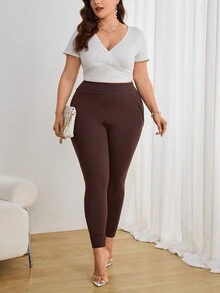 SHEIN Essnce 加大尺寸高腰側邊條紋運動口袋緊身褲 - 咖啡棕 - 查看 6