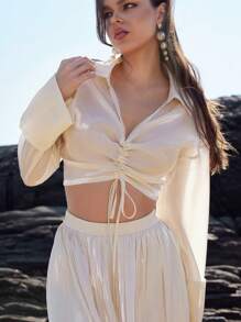 Anewsta 純色束口短款襯衫 - 杏色 - 查看 6