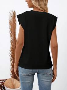 SHEIN LUNE Quý cô Màu thuần Vòng cổ Áo thun - màu đen - Xem 2