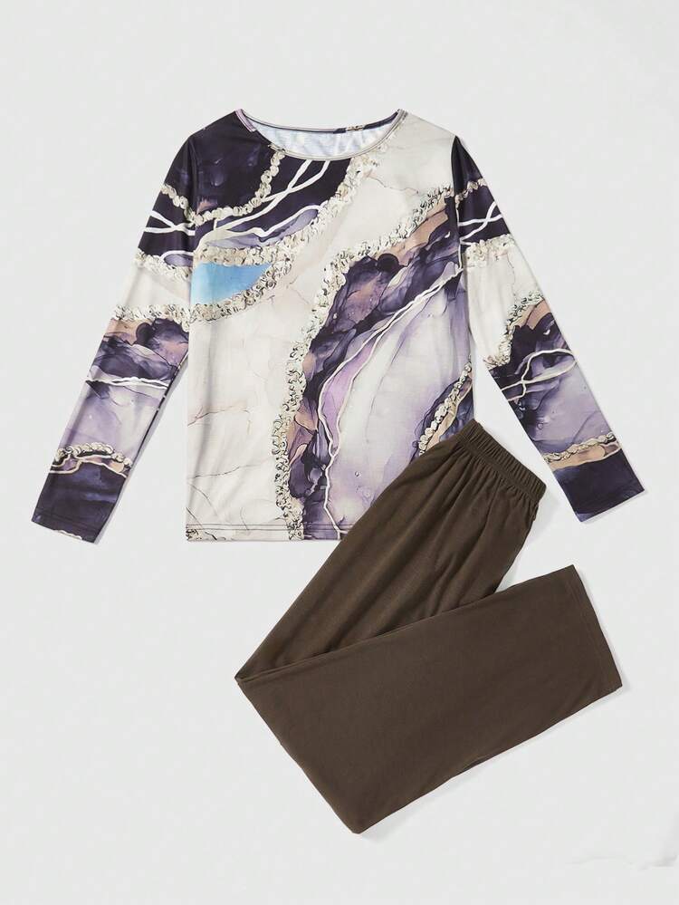 Women's Full Printed Round Neck Long Sleeve Top And Pants Set Fall Cloth For Women