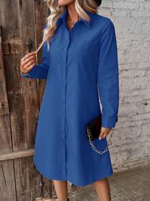 SHEIN LUNE Ladies' Solid Color Button-Front Shirt Dress - Blue - View 4