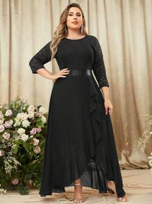 MIUSOL Plus Elegant Floral Lace 3/4 Sleeve Ruffle Trim Flowy Maxi Swing Dress, Formal Evening Gown, For Wedding Guest, Graduation, Dinner, Homecoming, Birthday Party - 黑色 - 查看 4