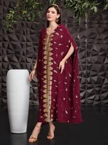 Al Najma Burgundy Red Women's Cape-Style Turkish Long Shirt With Feather Print & Gold Foiling