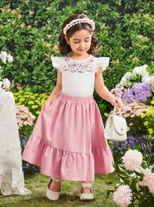 SHEIN Young Girls' Round Neck Water Droplet Cap Sleeve Embroidered Shirt With Ruffle Hem Skirt Two-Piece Set