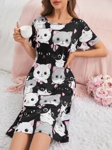 Snug Zone Women's Cartoon Cat Printed Sleep Dress Pajama Dress, Moo Moo Night Dress - Black and White - View 6