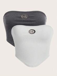 SHEIN EZwear Multicolor Multi-Piece Ribbed Texture Tube Top - Black - View 3