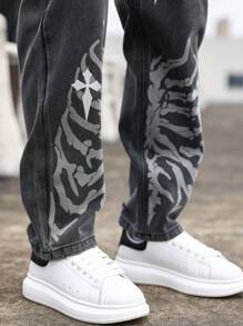 Manfinity LEGND Quần Jean Denim Nam Có Họa Tiết Logo Chữ Thập Và Túi Xéo Baggy Long Washed Dark Jean Cargo Đồ Họa Xám Trơn Đi Làm Dạo Phố Bạn Bè - màu đen - Xem 8