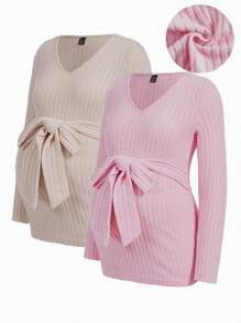 SHEIN Maternity Solid Ribbed Knit Belted T-Shirt - Multicolor - View 2