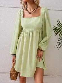 GENKIRA Square Neck Lantern Sleeve Dress - Green - View 6