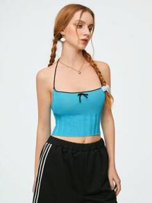 SHEIN Qutie 女式針織露背背心,帶蝴蝶結和芭蕾領 - 藍色 - 查看 3