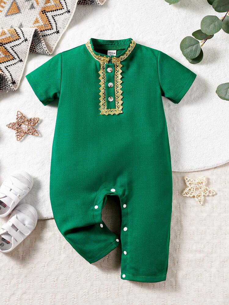 Baby Boy Embroidered Splice Stand Collar Jumpsuit