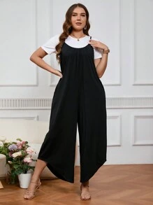 SHEIN LUNE Plus Size Solid Color Comfortable Jumpsuit With Asymmetrical Hemline And Pockets On Both Sides - Black - View 4