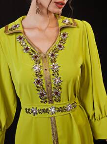 Al Najma Tay áo dài Đầm Với Pha lê Đồ trang trí Và Dệt Cắt tỉa Nổi bật - Màu vàng - Xem 1