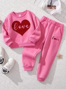 少女休閒長袖套頭運動衫運動褲套裝,適合秋冬 - 玫紅色 - 查看 1