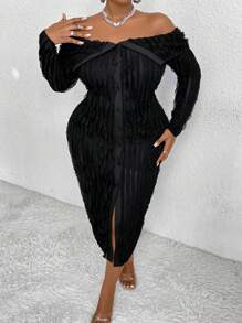 Flirla 大码露肩长袖翻领紧身连衣裙长款女装