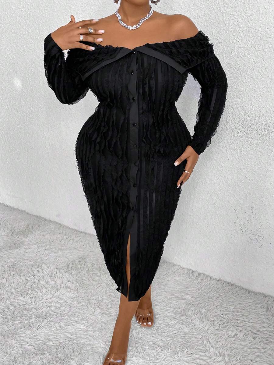 Flirla 大码露肩长袖翻领紧身连衣裙长款女装