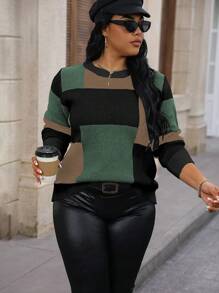 Calvaya 女士加大號彩色拼接圓領毛衣